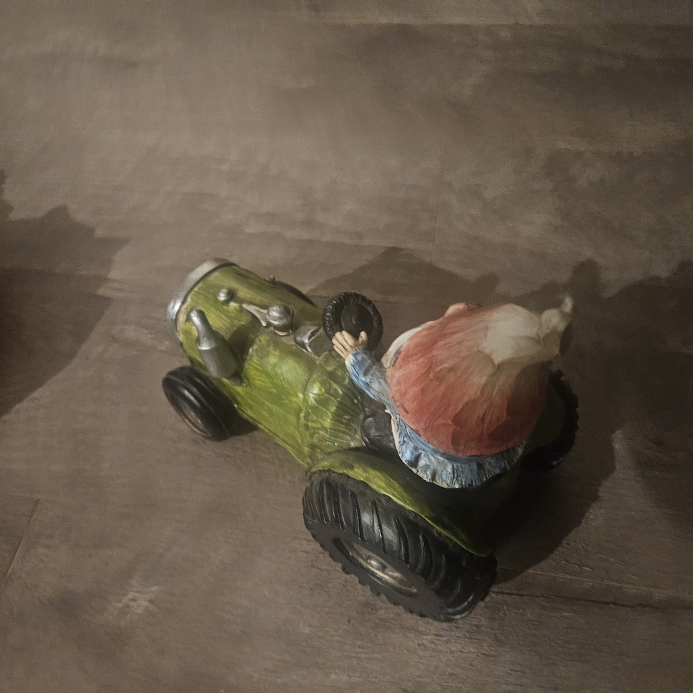 Whimsical Gnome on Green Tractor Figurine - Picture 3 of 3